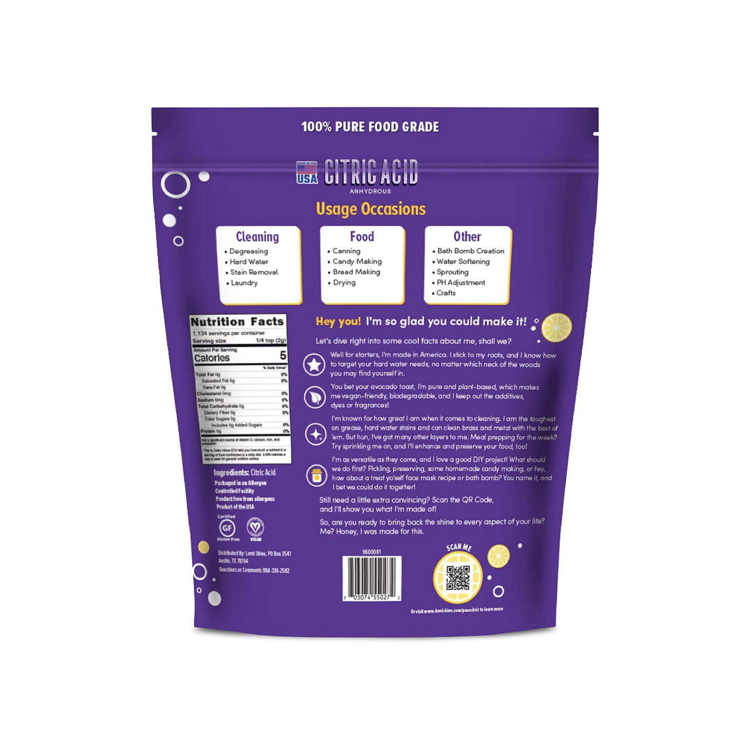 Lemi Shine 100% Citric Acid Powder 5 Pound Bag l Pure Food-Grade Flavor Enhancer & All-Natural Preservative | Fragrance Free Citric Acid for Bath  s  Cooking  & Canning