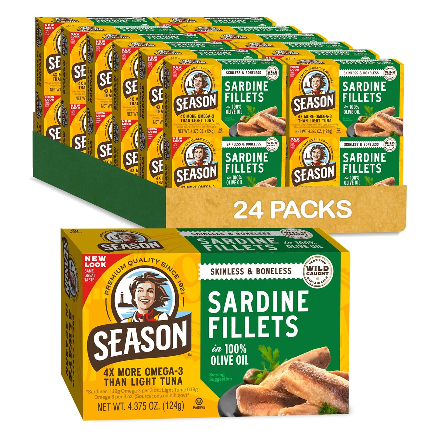 Season Sardines in Olive Oil - Skinless & Boneless  Wild Caught  22g of Protein  Keto Snacks  More Omega 3 s Than Tuna  Kosher  enhanced Quality  Canned Sardines - 4.37 Oz Tins  24-Pack