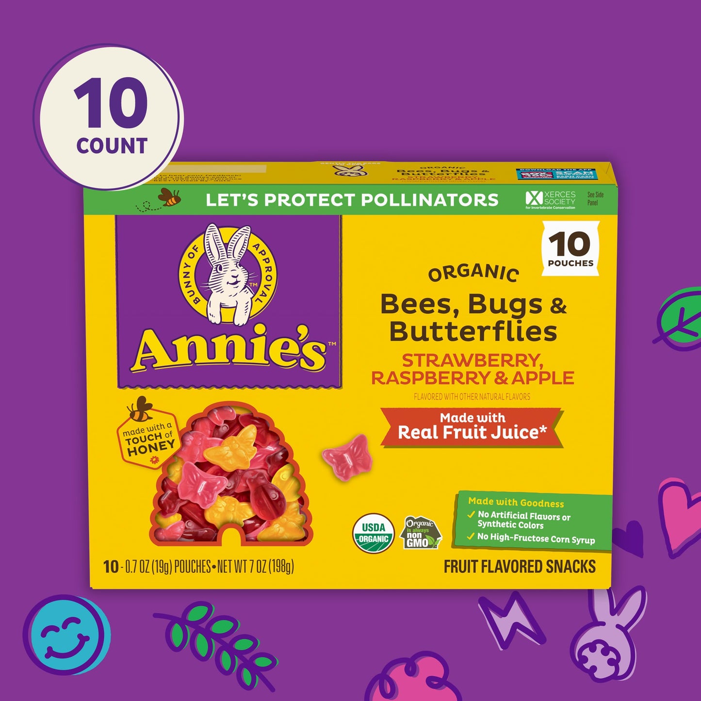 Annie'S Organic Bees, Bugs, And Butterflies Fruit Flavored Snacks, Halloween Candy Alternative, 10 Pouches, 7 Oz.