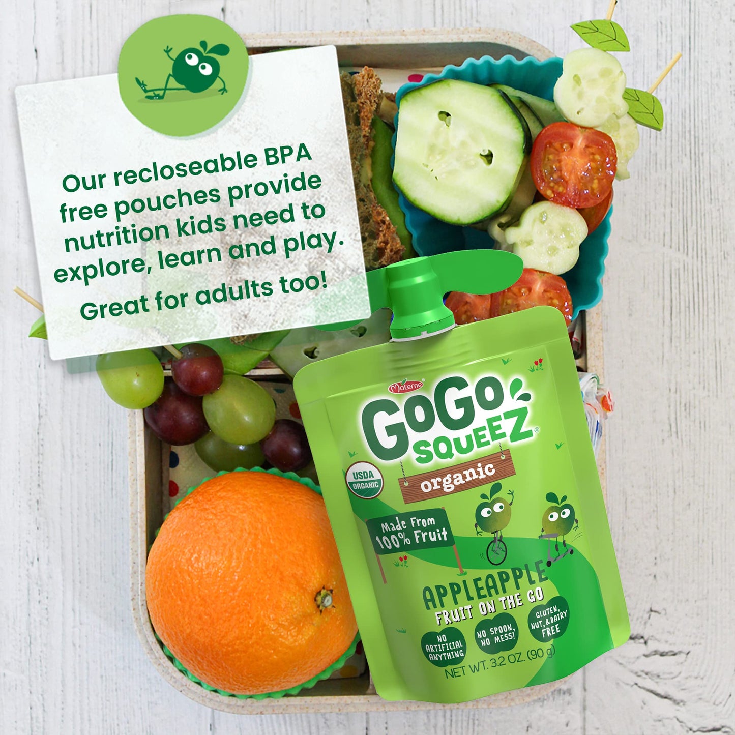 Gogo Squeez Fruit On The Go Organic, Apple Apple, 3.2 Oz (Pack Of 48), Unsweetened Organic Fruit Snacks For Kids, Gluten Free, N