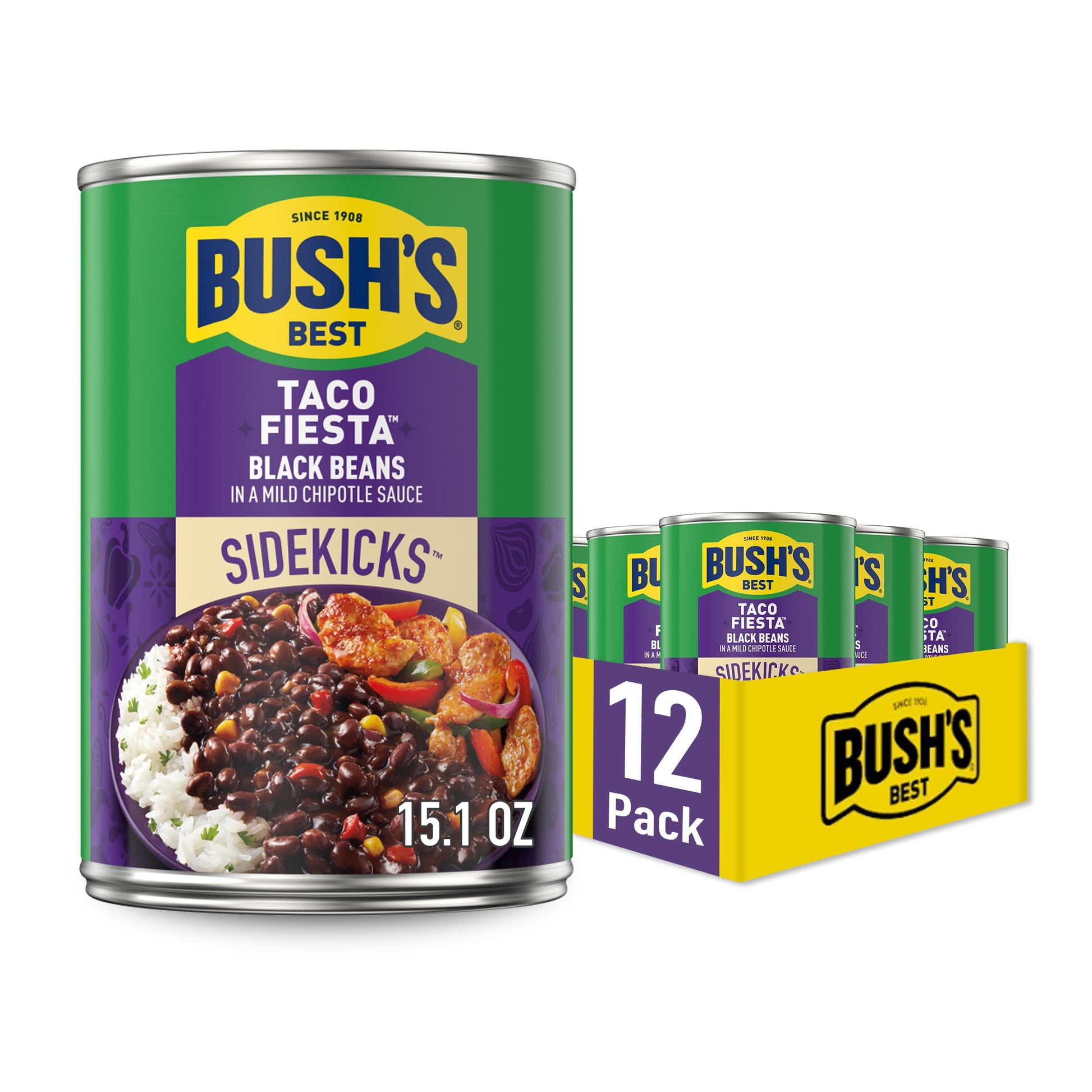 BUSH S BEST 15.1 oz Canned Taco Fiesta Black Beans, Source of Protein and Fiber, Low Fat, Gluten Free, (Pack of 12)