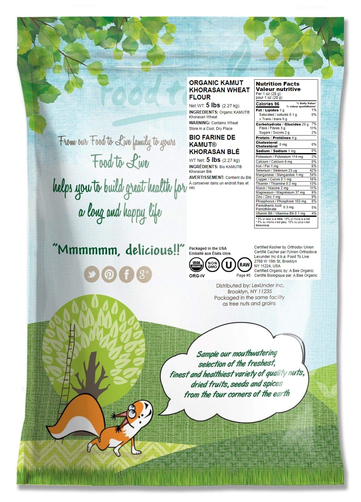 Food to Live Organic KAMUT Khorasan Wheat Flour, 5 Pounds - Stone Ground Powder, 100% Whole Grain Meal, Non-GMO, Kosher, Bulk