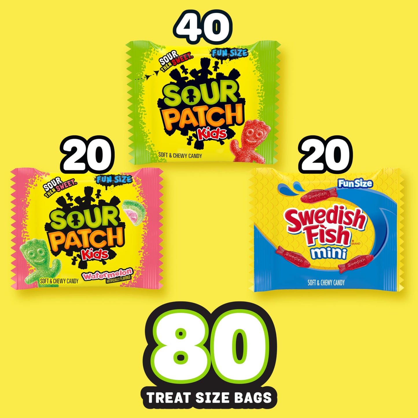 SOUR PATCH KIDS and SWEDISH FISH Mini Soft & Chewy Candy Variety Pack  Bulk Candy  80 Treat-Size Snack Packs
