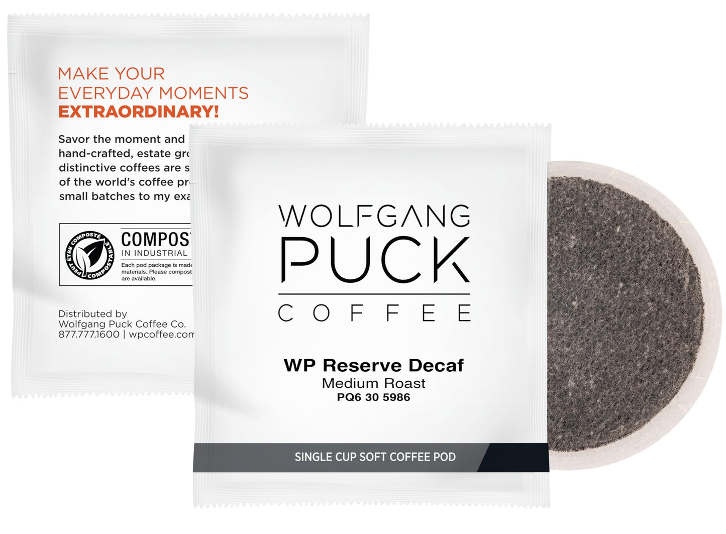 Wolfgang Puck Decaf Coffee Soft Pods, 18 Count Pack of 6, Chefs Reserve, 9.5 Gram