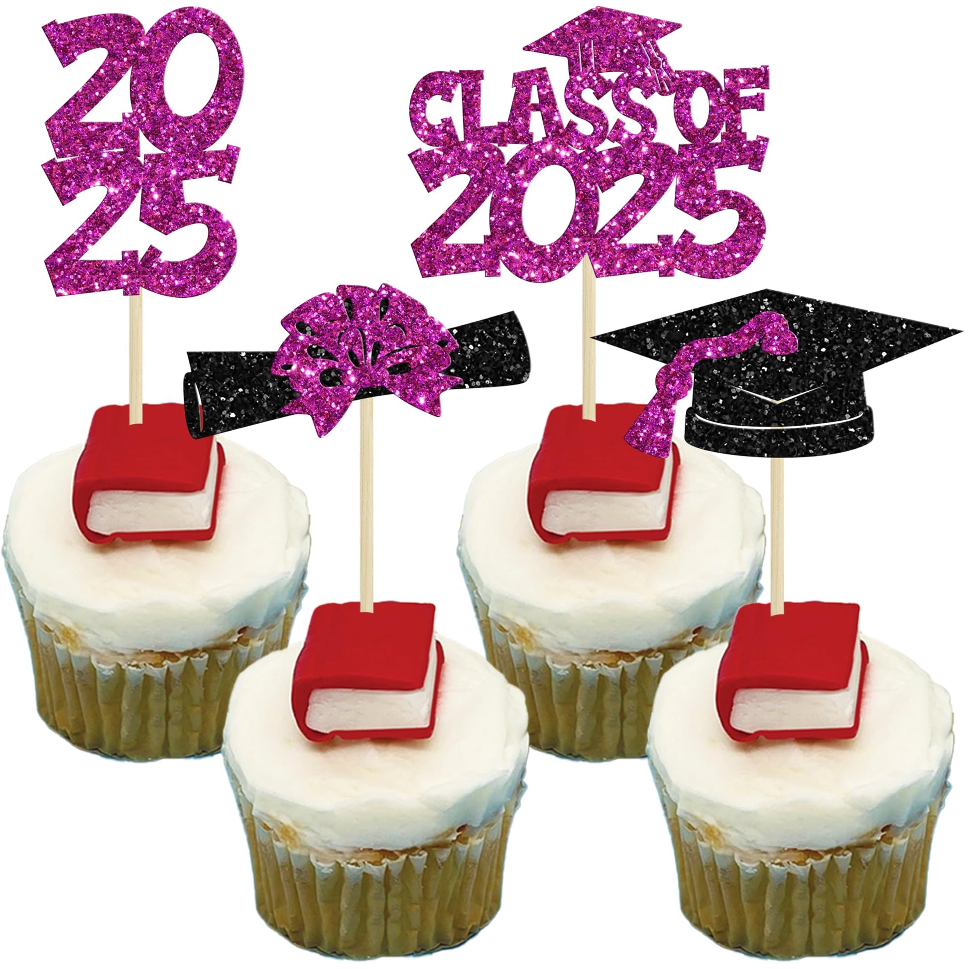 Ephlyn Graduation Cupcake Toppers, 36Pcs Glitter Class of 2025, Purple Graduation Cap & Diploma Picks for Party Decorations