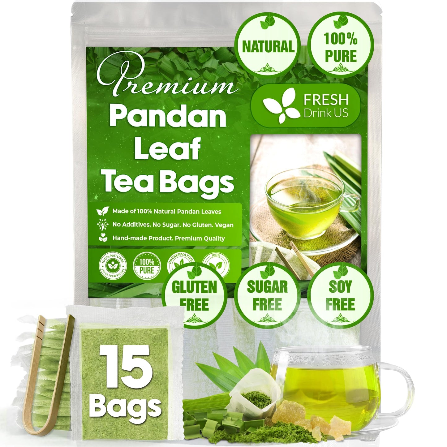 FRESHDRINKUS Premium Pandan Leaf Herbal Tea Bags, 100% Natural, Vegan, 15 Bags