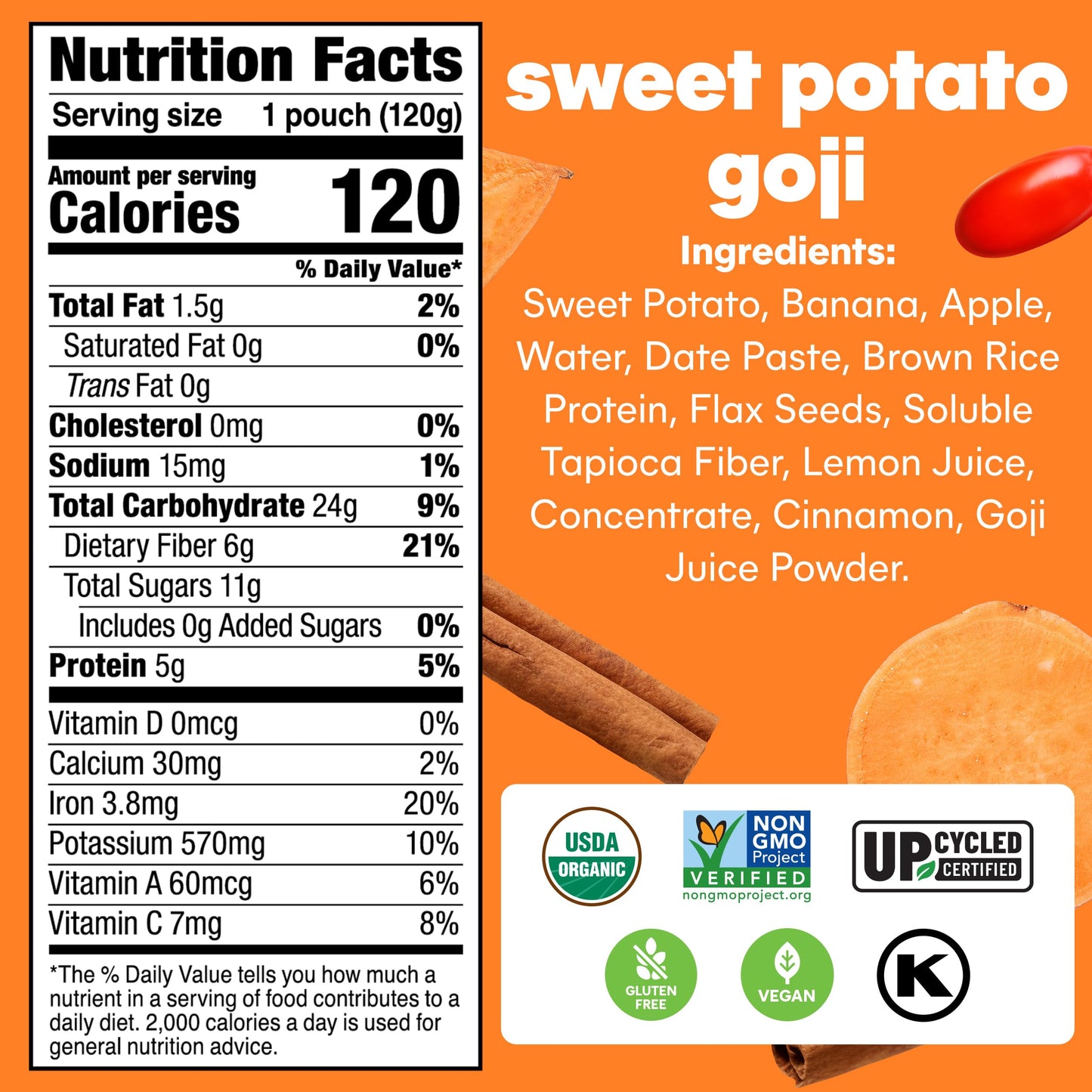 NOKA Superfood Pouches (Sweet Potato Goji) 6 Pack | 100% Organic Fruit And Veggie Smoothie Squeeze Packs | Non GMO, Gluten Free,