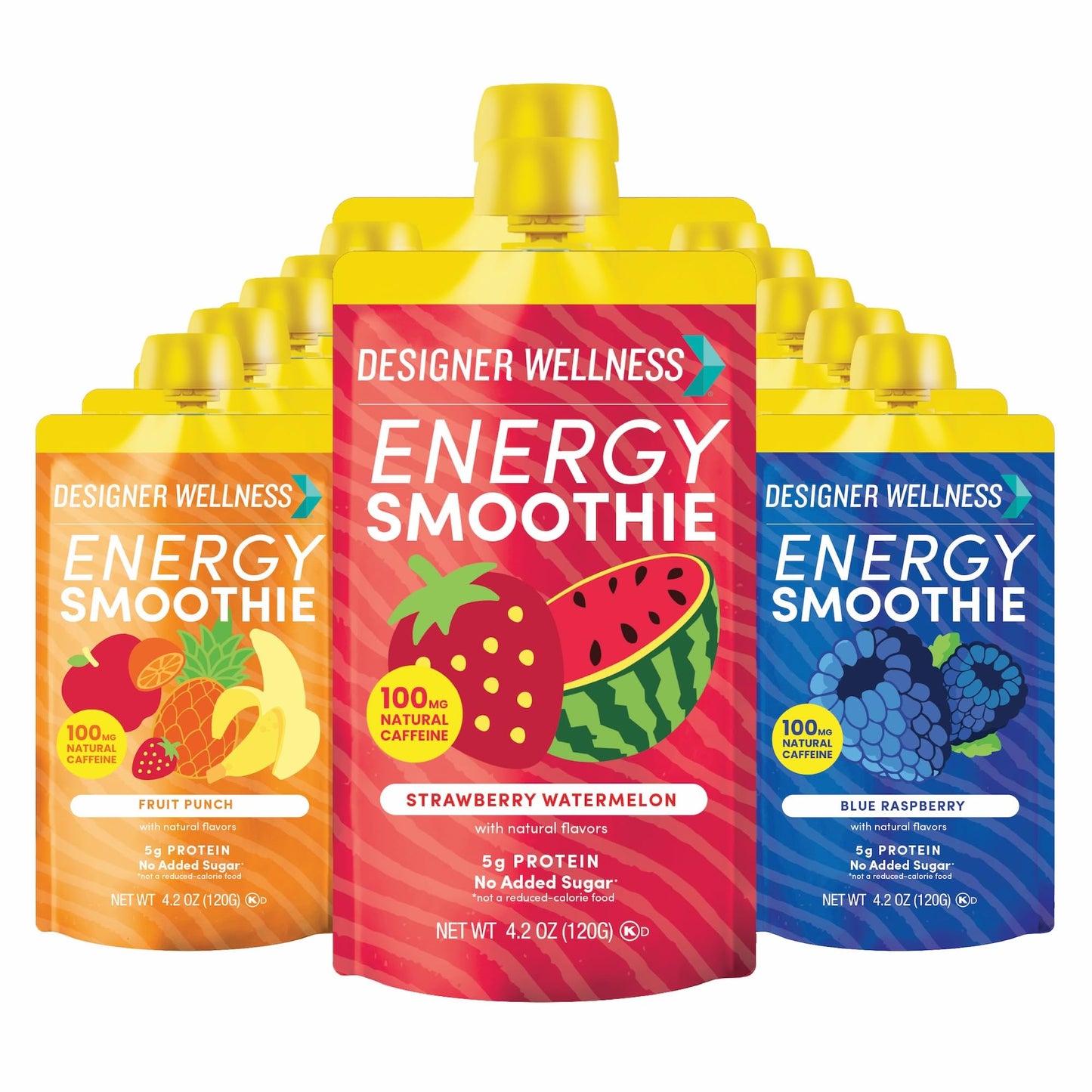 Designer Wellness Energy Smoothie  Real Fruit  100mg Natural Caffeine  5g Protein  Low Carb  Zero Added Sugar  Gluten-Free  Variety Pack  12 Count