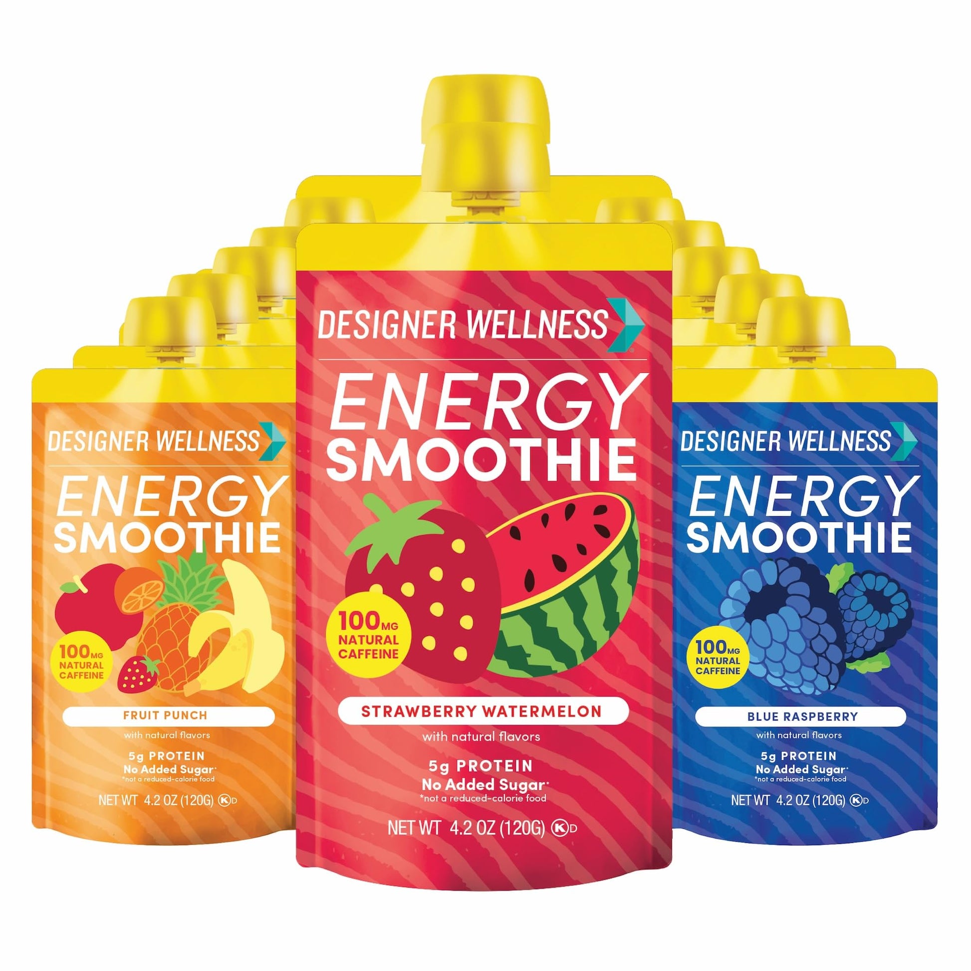 Designer Wellness Energy Smoothie  Real Fruit  100mg Natural Caffeine  5g Protein  Low Carb  Zero Added Sugar  Gluten-Free  Variety Pack  12 Count