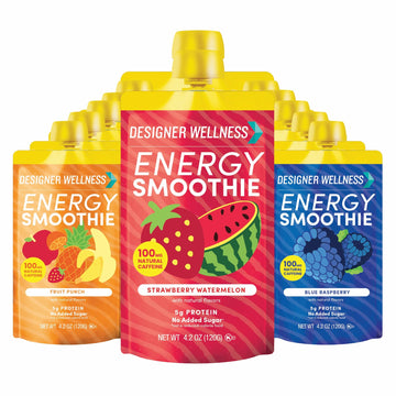 Designer Wellness Energy Smoothie  Real Fruit  100mg Natural Caffeine  5g Protein  Low Carb  Zero Added Sugar  Gluten-Free  Variety Pack  12 Count