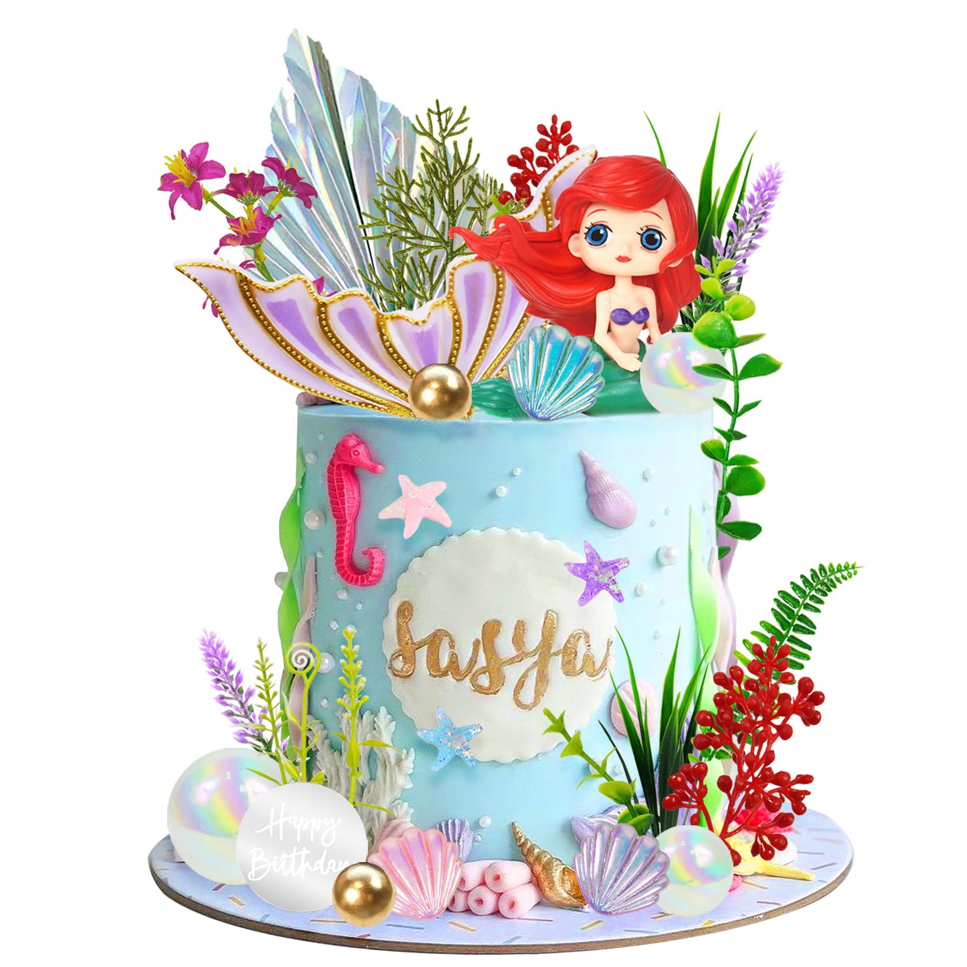 Mermaid Cake Toppers Under The Sea Mermaid Tail Cake Decorations Artificial Water Plants With Pearl Ball For Girl Kid Birthday P