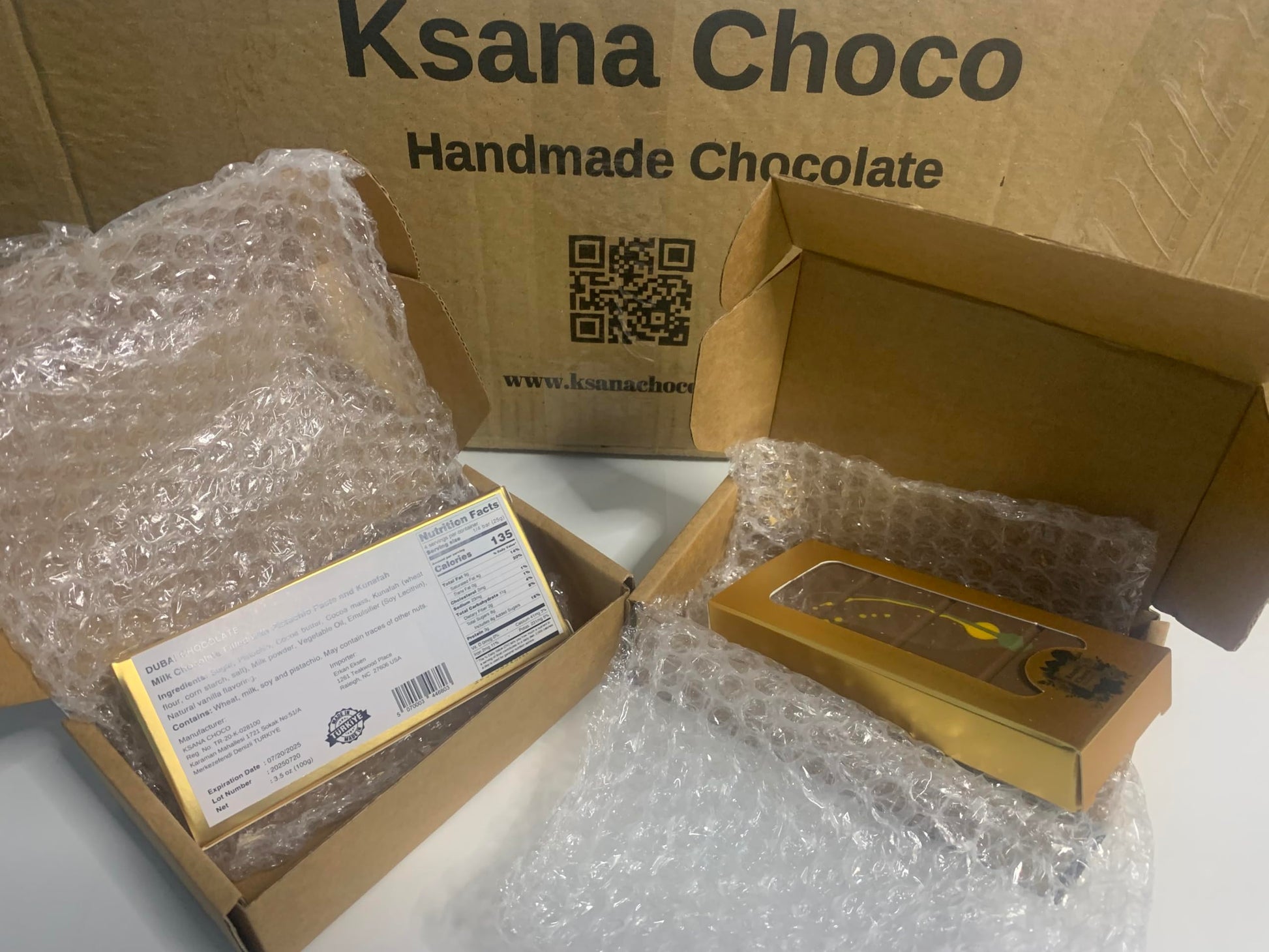 (2 Value Pack Small) Ksana Choco Dubai Chocolate, 100g - 3.5 oz, Hand made, Belgian Milk Chocolate Kunafa Pistachio Viral Bar