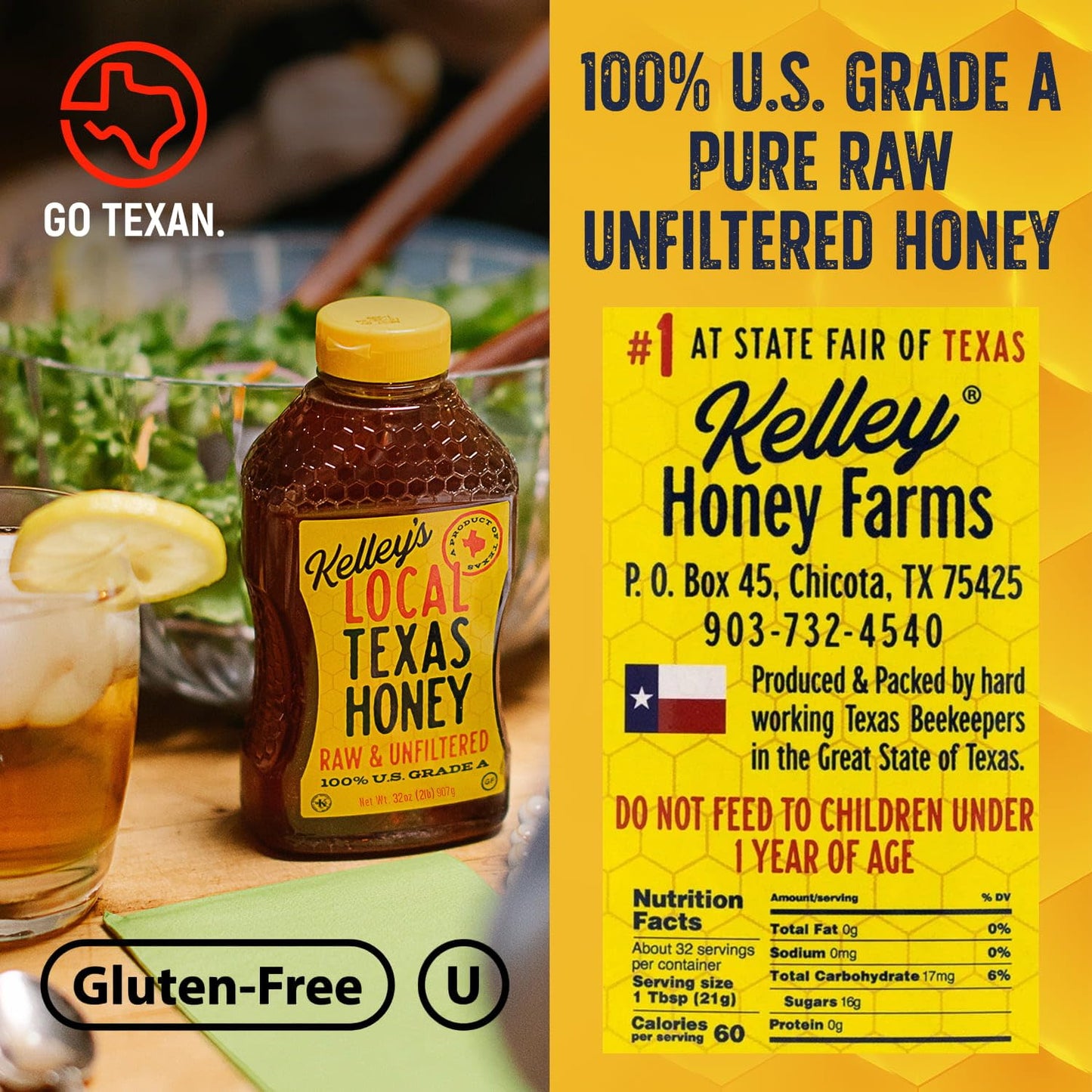 Kelleys Local Texas Raw & Unfiltered Raw Honey, Pure Honey, (32 Ounce)