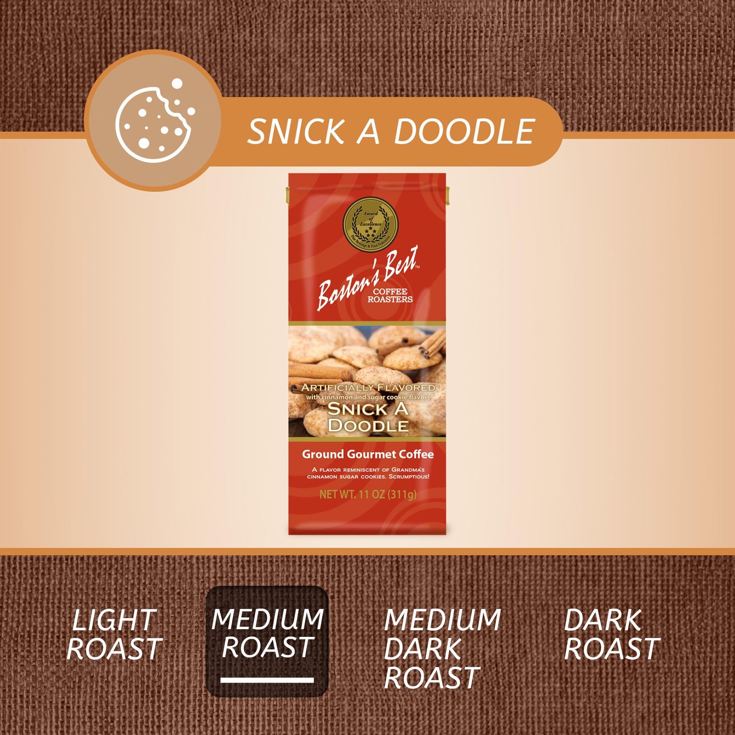Bostons Best - Snick A Doodle Flavored Delicious Gourmet Coffee, Premium Ground Coffee, 11 Oz. / 311 G Coffee Bag