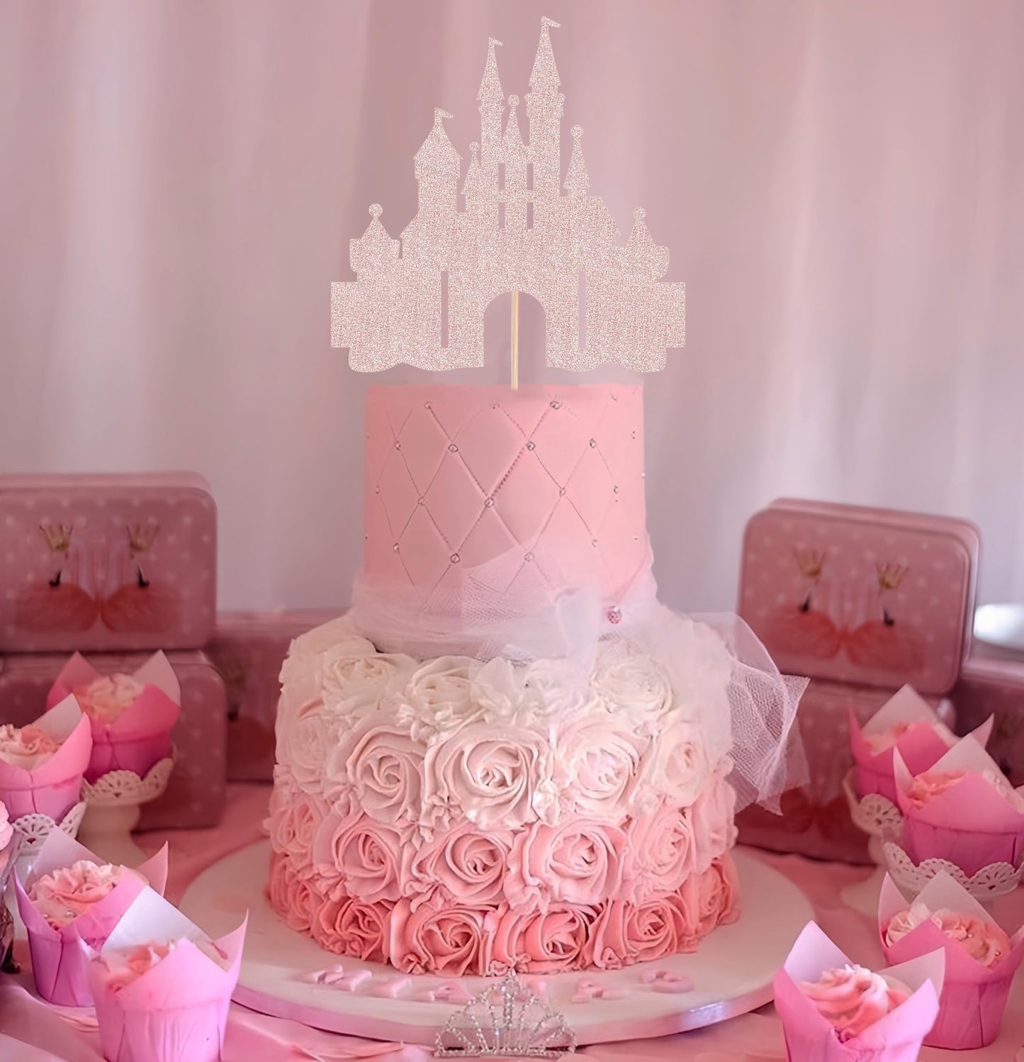 EONNCNT Castle Cake Topper - Rose Gold Glitter, 6.3 x 8.7, Cardboard, Birthday Party Supplies