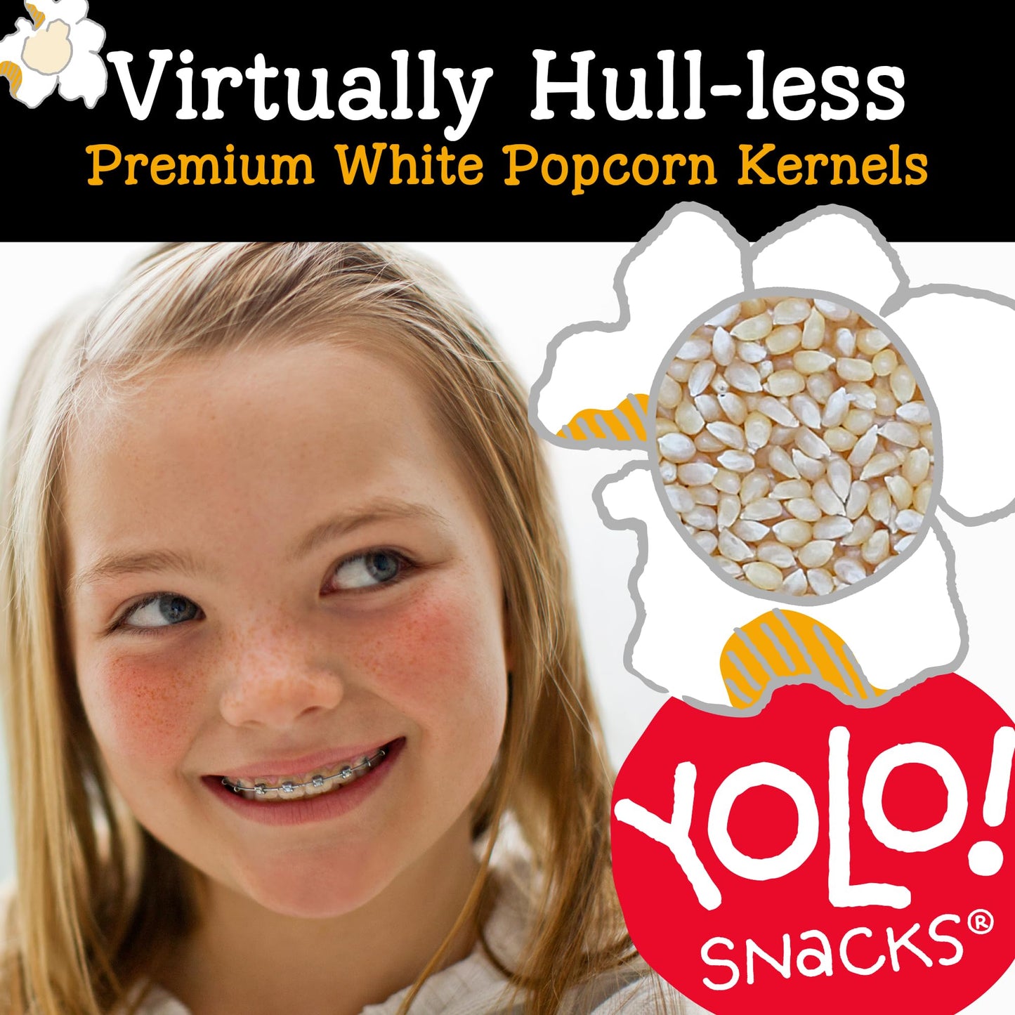 YOLO! Gourmet Hulless Popcorn Kernels, Non-GMO, Gluten-Free, Vegan, 32 Oz Resealable Bag