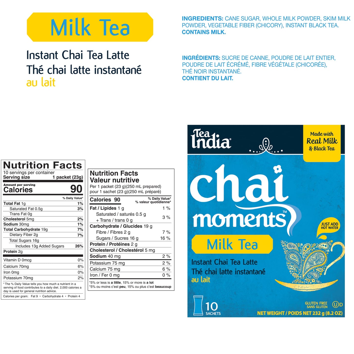 Tea India Instant Milk Tea Powder, 10 Sachets Pack of 6, Flavorful Black Tea Blend, Individually Wrapped, Milk Tea