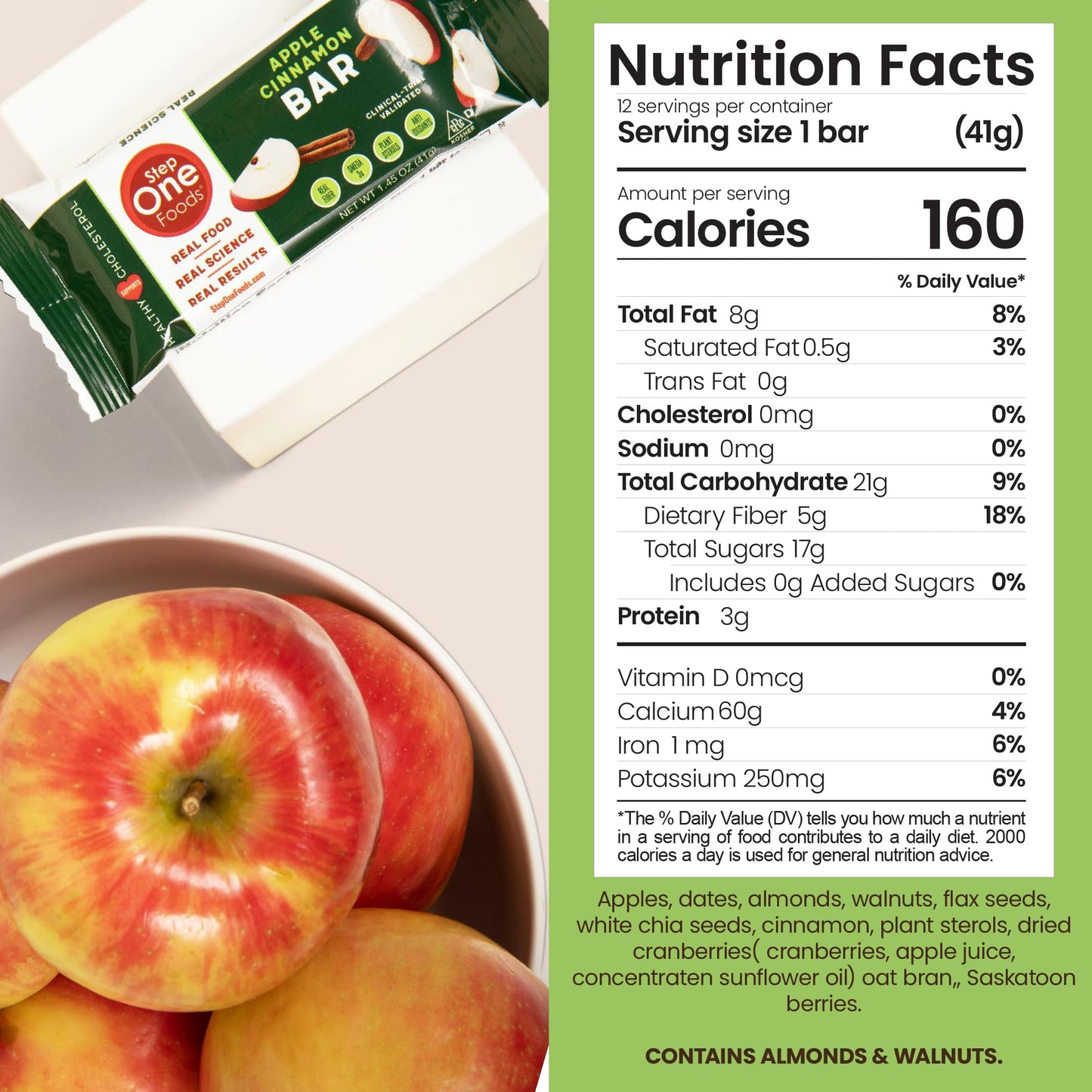 Step One Foods Apple Cinnamon Bars, Heart Healthy Snack Plant Sterols, Omega 3S And Dietary Fiber Gluten Free, Non-Gmo, Vegan, Fruit And Nut Granola Bars (12 Pack)