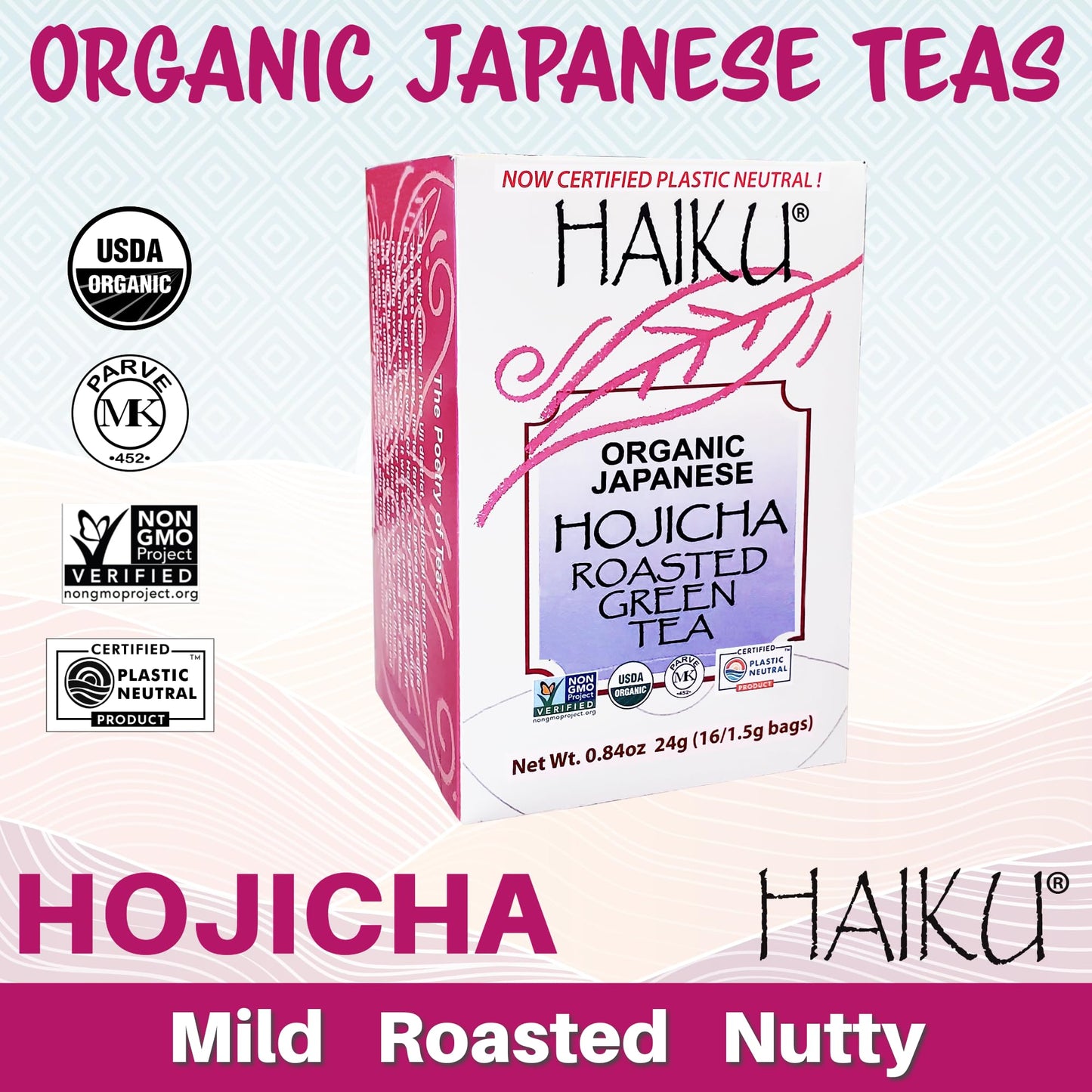 Haiku Organic Japanese Hojicha Roasted Green Tea, Kosher, Non-Gmo, 16 Teabags (1 Box)