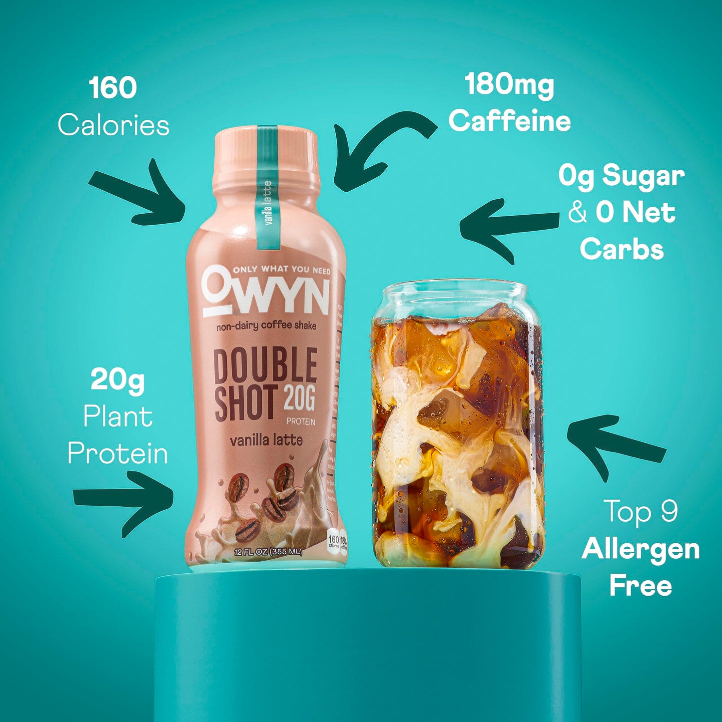 OWYN Dairy Free Keto Protein Coffee Shake, Vanilla Latte, 20g Protein, 180mg Caffeine, 12 Fl Oz (Pack of 12)
