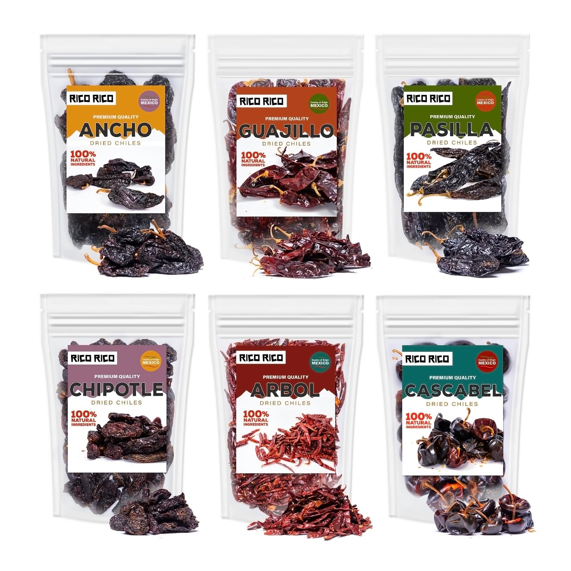 RICO RICO Dried Peppers 6 Pack Bundle - Ancho, Arbol, Guajillo, Pasilla, Chipotle Morita, Cascabel, 23 Oz Super Pack for Authent
