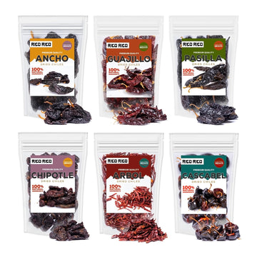 RICO RICO Dried Peppers 6 Pack Bundle - Ancho, Arbol, Guajillo, Pasilla, Chipotle Morita, Cascabel, 23 Oz Super Pack for Authent