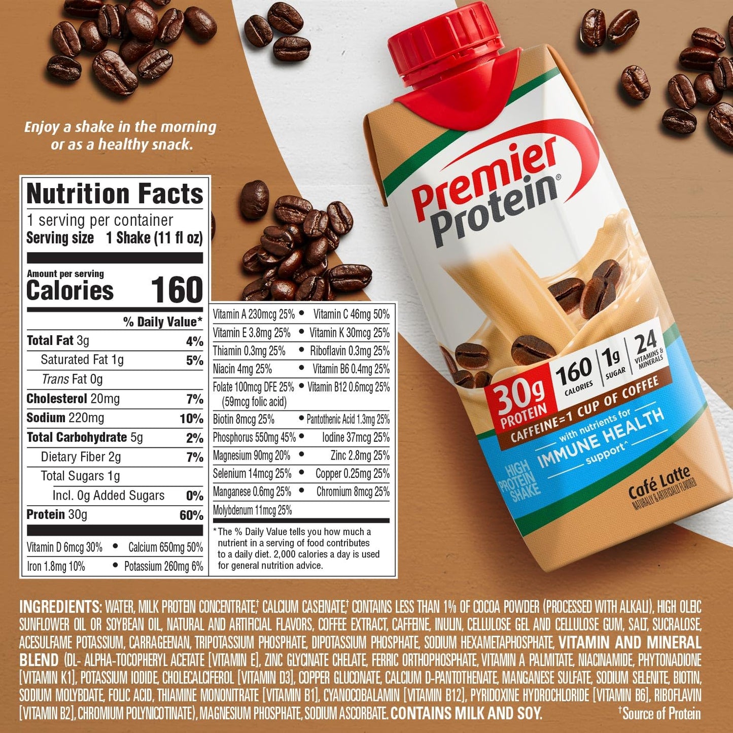 Premier Protein Cafe Latte Protein Shake, 30g Protein, 1g Sugar, 11 fl oz, Pack of 12