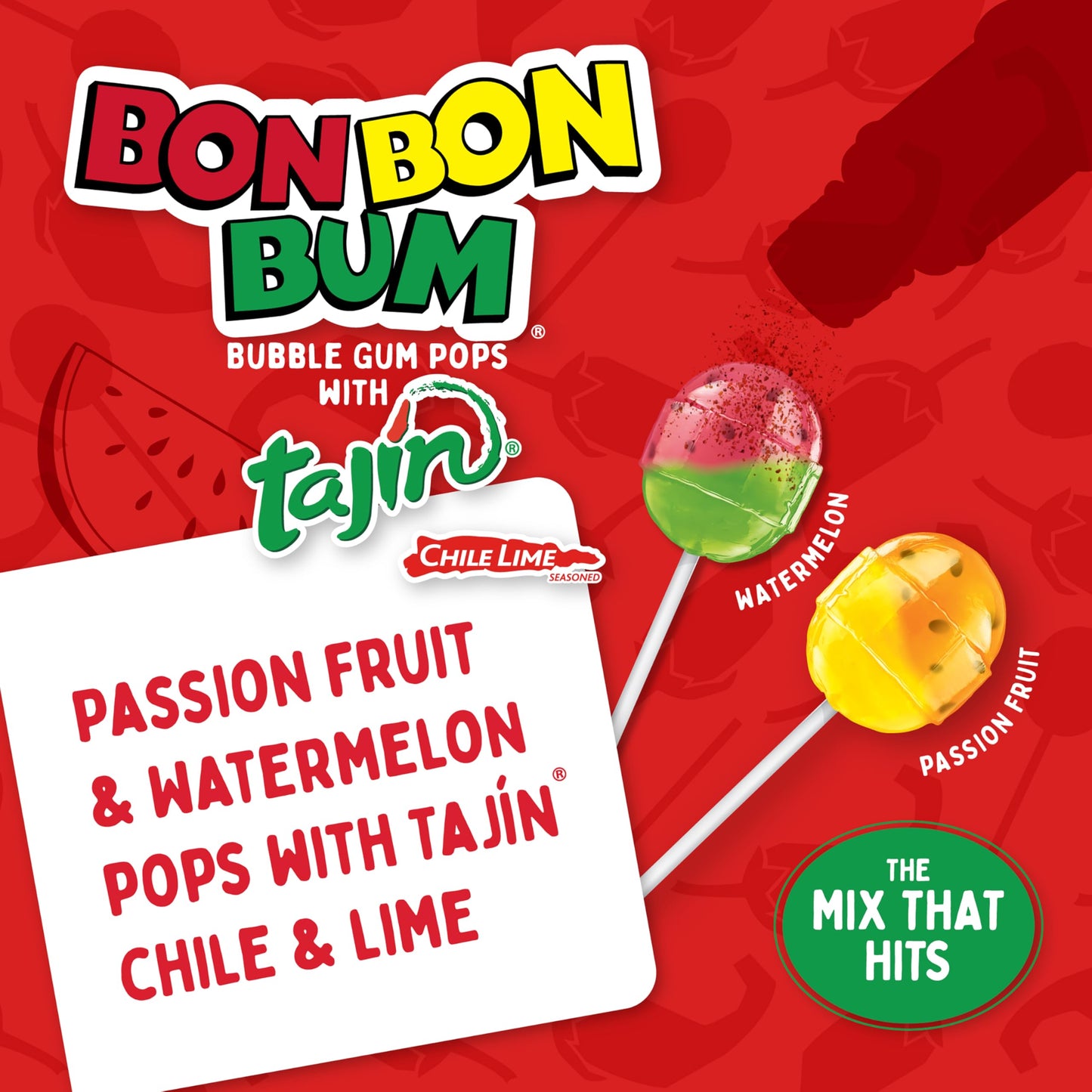 Colombina Bon Bon Bum Tropical Passion Fruit & Watermelon with Tajin Seasoning Chile Lime Dip  20 Count (Pack of 1)