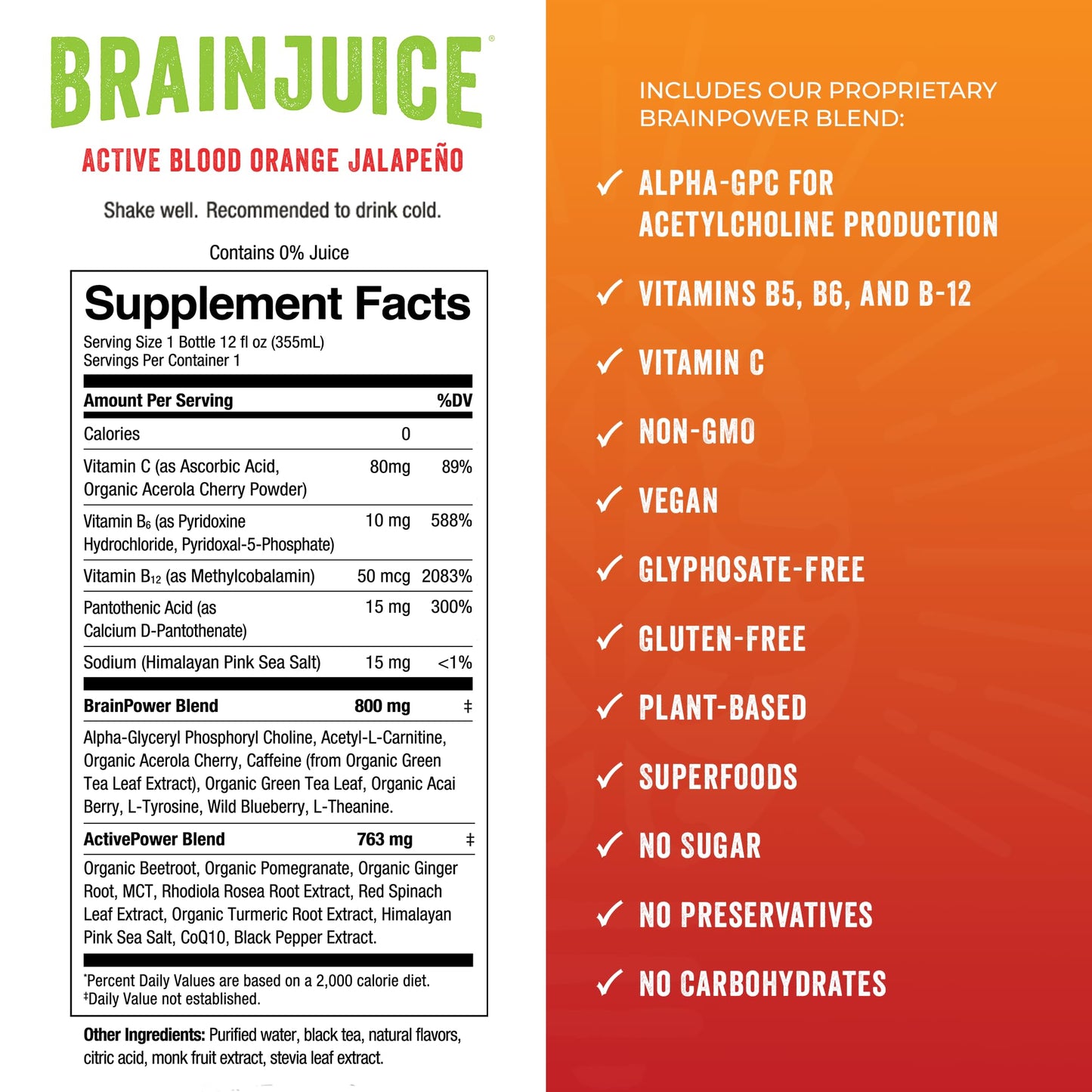 BrainJuice Brain Health Support Drink, Vegan, Gluten Free, Blood Orange Jalapeno, 12 Oz Can, 6 Pack