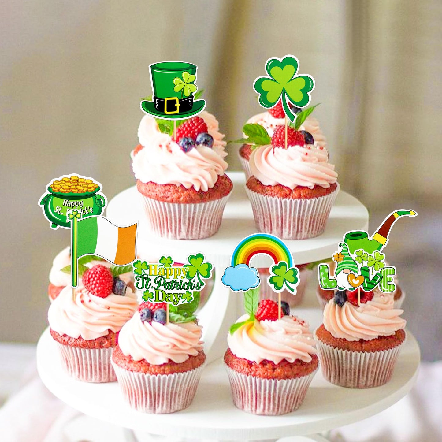 Ercadio 30 Pack Happy St Patrick'S Day Cupcake Toppers Glitter Four Leaf Clover Shamrock Cupcake Picks Green Hat Cupcake Toppers