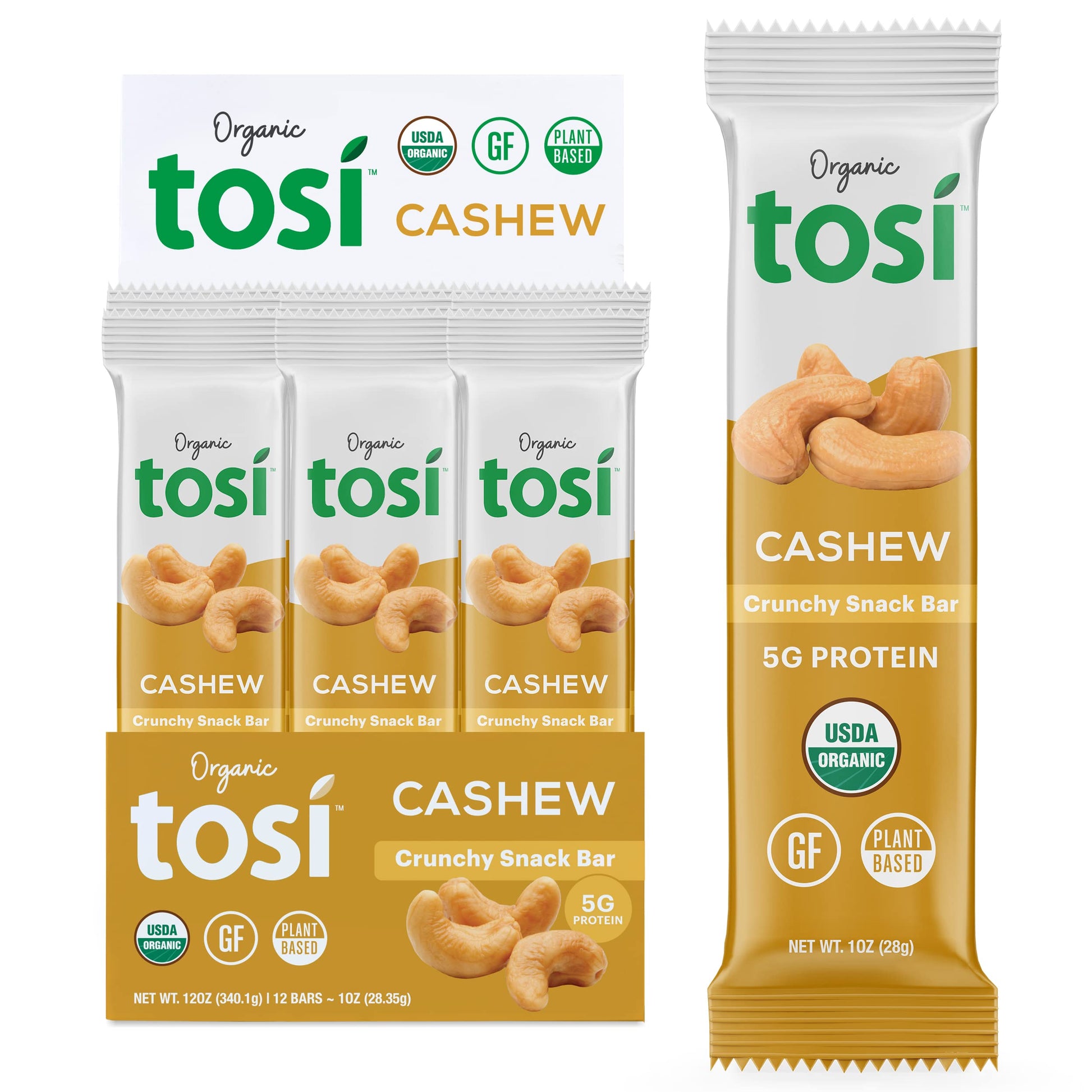 Tosi Cashew Protein Bars, Plant Based With Nuts, Gluten-Free Crunchy Snacks, Vegan, Organic, Flax & Chia Seeds, Soy-Free, Omega