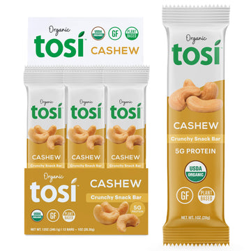 Tosi Cashew Protein Bars, Plant Based With Nuts, Gluten-Free Crunchy Snacks, Vegan, Organic, Flax & Chia Seeds, Soy-Free, Omega