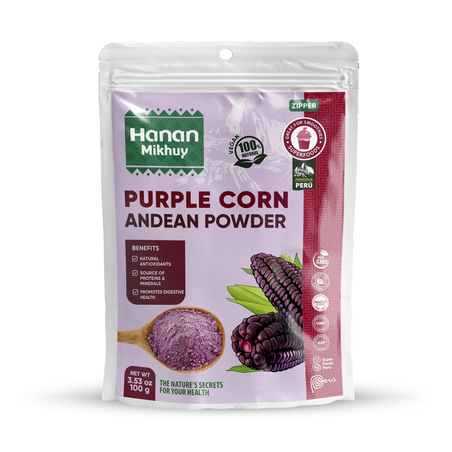 Hanan Mikhuy Purple Corn (Ma  Z Morado) Powder (Molido) From Peru Andes 100% Natural, Vegan, Non-Gmo, Gluten-Free, Rich In Prote