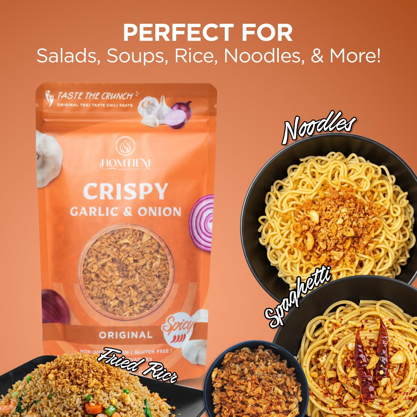 Homtiem Crispy Garlic & Onion : Original Spicy 3.5 Oz., Medium Spice, Versatile Seasoning, All-Natural, Non-Gmo, Vegan & Gluten-