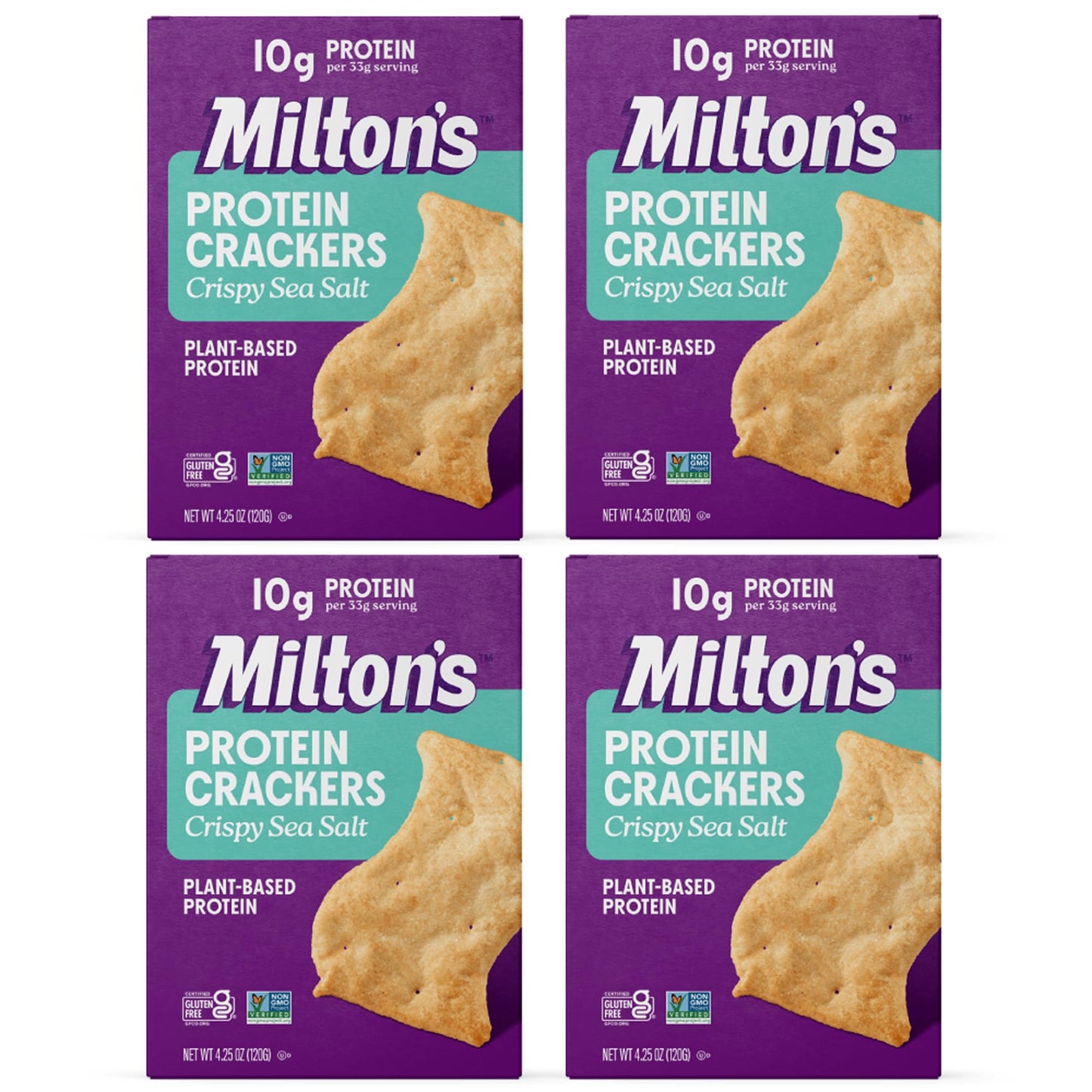 Miltons Protein Crackers, Crispy Sea Salt, 10g Plant-Based Protein, Gluten Free, 4.25 Oz, Pack of 4