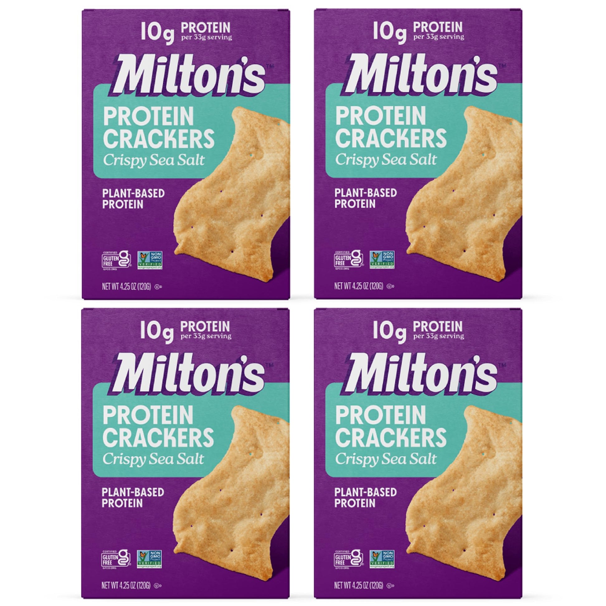 Miltons Protein Crackers, Crispy Sea Salt, 10g Plant-Based Protein, Gluten Free, 4.25 Oz, Pack of 4