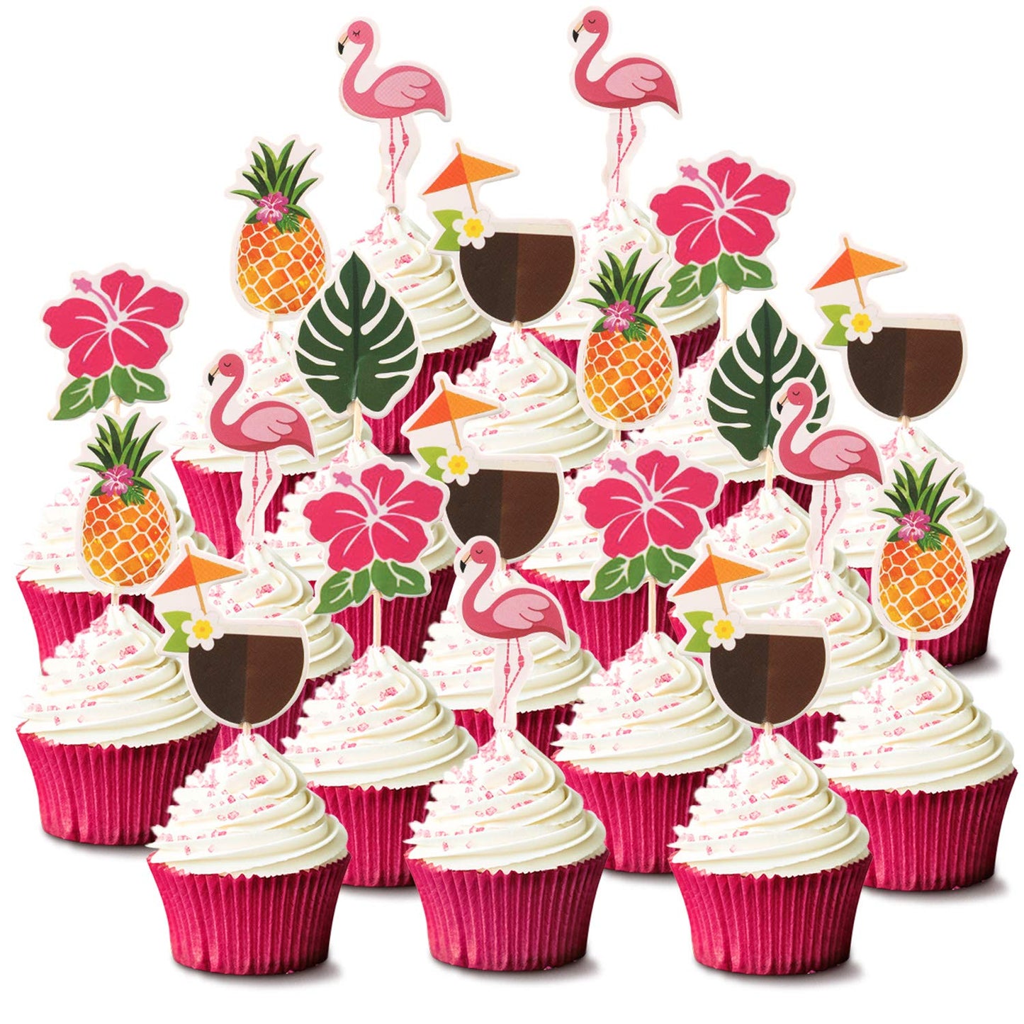 Maitys Luau Cupcake Toppers - Tropical Cake Decorations with Flamingo & Pineapple Shapes, 16 Count, Cardboard & Wood