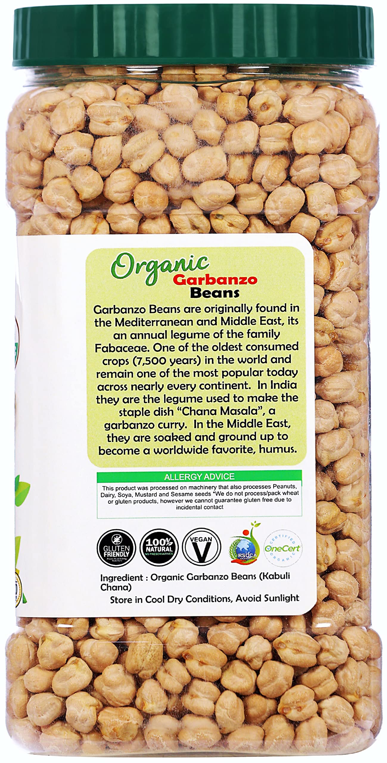 Rani Organic Garbanzo Beans (Kabuli Chana) 48Oz (3Lbs) 1.36Kg Bulk Pet Jar ~ All Natural | Vegan | Gluten Friendly | Non-Gmo | I