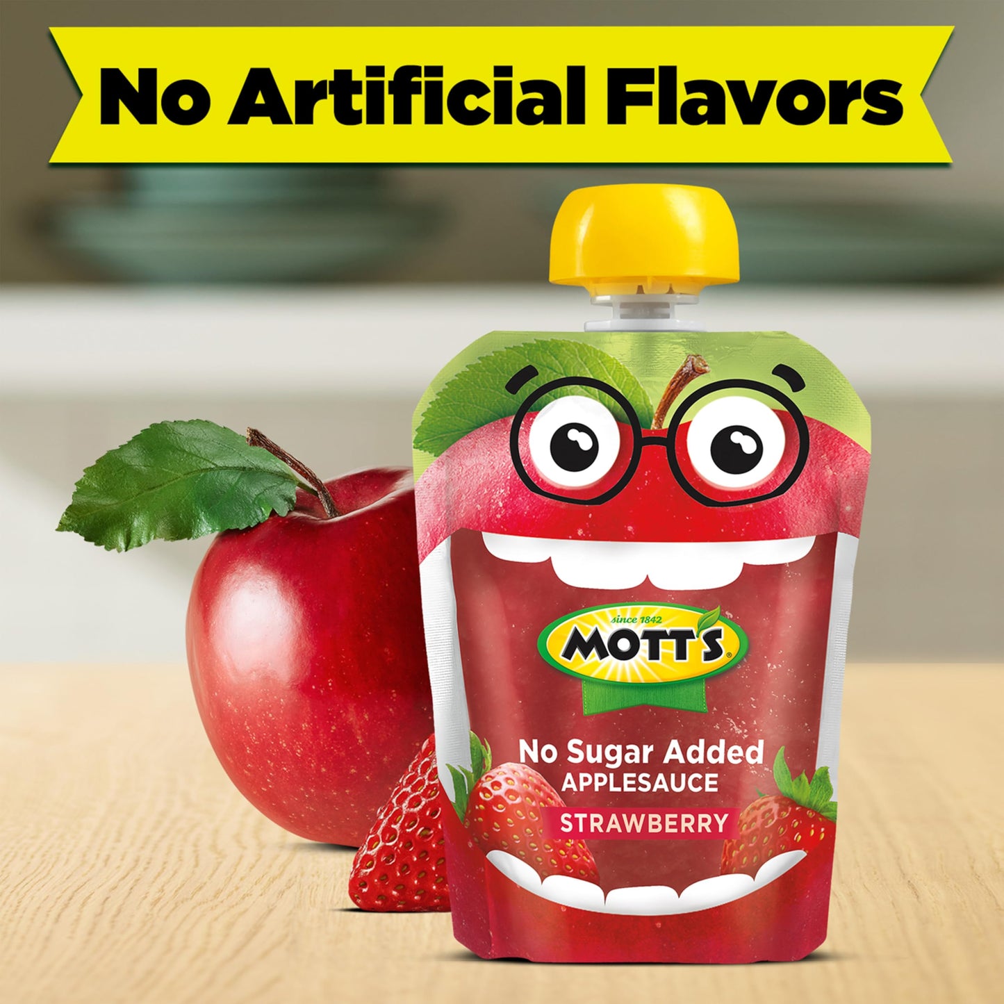 Motts No Sugar Added Strawberry Applesauce, 3.2 oz clear pouches, 12 count