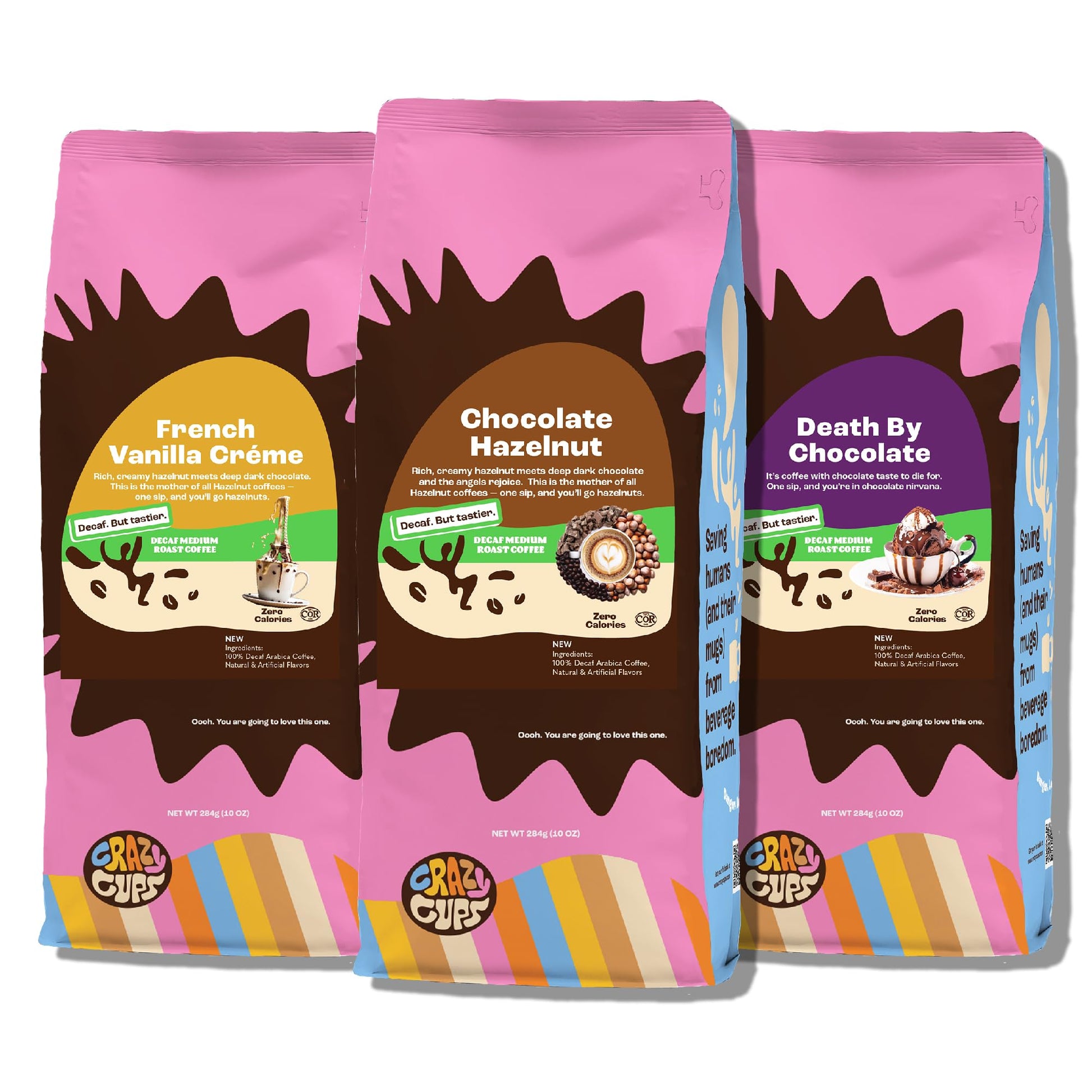 Crazy Cups Decaf Flavored Ground Coffee Variety Pack  Includes Chocolate Hazelnut  French Vanilla and Death by Chocolate  For Brewing Flavored Hot or Iced Decaf Coffee  Variety 3 Pack