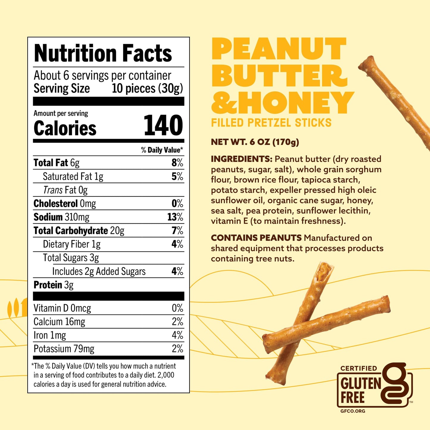 Quinn Snacks Peanut Butter & Honey Filled Pretzel Sticks - Gluten Free Snack  Sweet & Salty  Made with Real Natural Ingredients  Peanuts  Sorghum  & Root Vegetables  Dairy Free - 6 oz (Pack of 1)