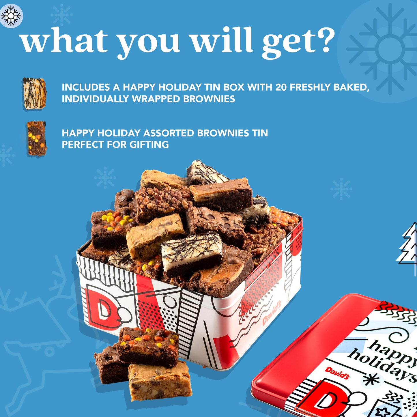 Davids Cookies Happy Holidays Assorted Brownies Tin Gift Basket 20pcs - Delicious, Fresh Baked Brownie Snacks - Gourmet Pure Cho