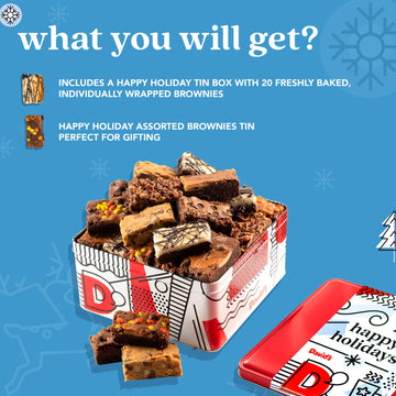 Davids Cookies Happy Holidays Assorted Brownies Tin Gift Basket 20pcs - Delicious, Fresh Baked Brownie Snacks - Gourmet Pure Cho