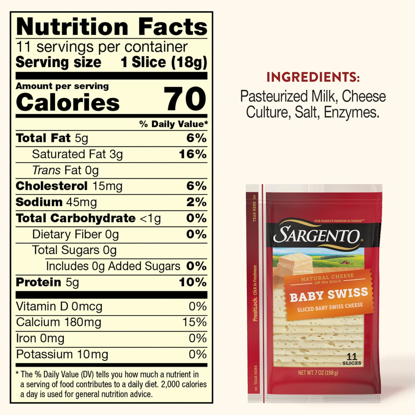Sargento Natural Baby Swiss Sliced Cheese, 11 Slices
