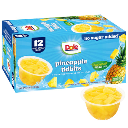 Dole Pineapple Tidbits with No Sugar Added^^ - Dole Fruit Bowls Snacks - 4 oz Fruit Bowls - 12 Pack