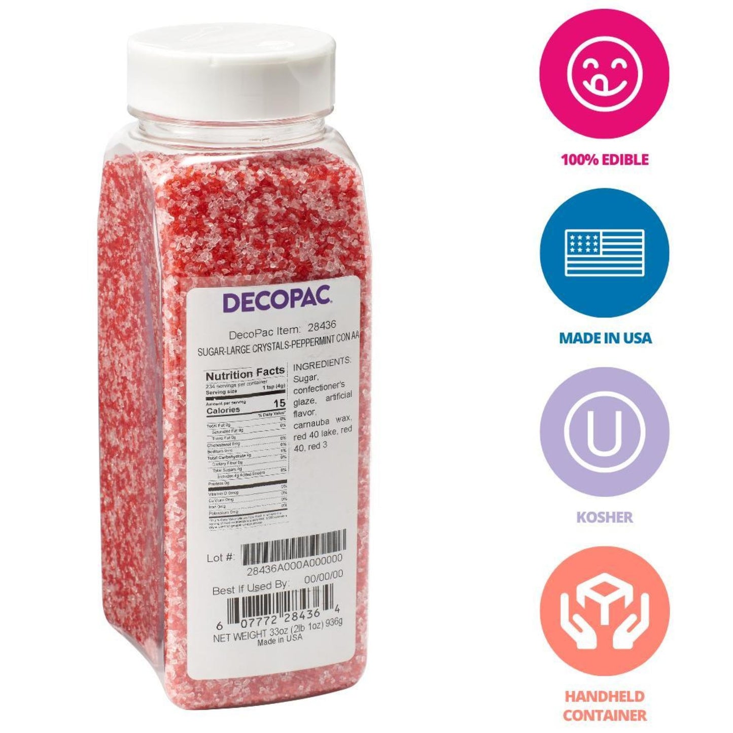 DECOPAC Red and White Peppermint Crystals, Festive Candy Sprinkles, 33oz, Fancy Sprinkles in Handheld Container, Edible Christma