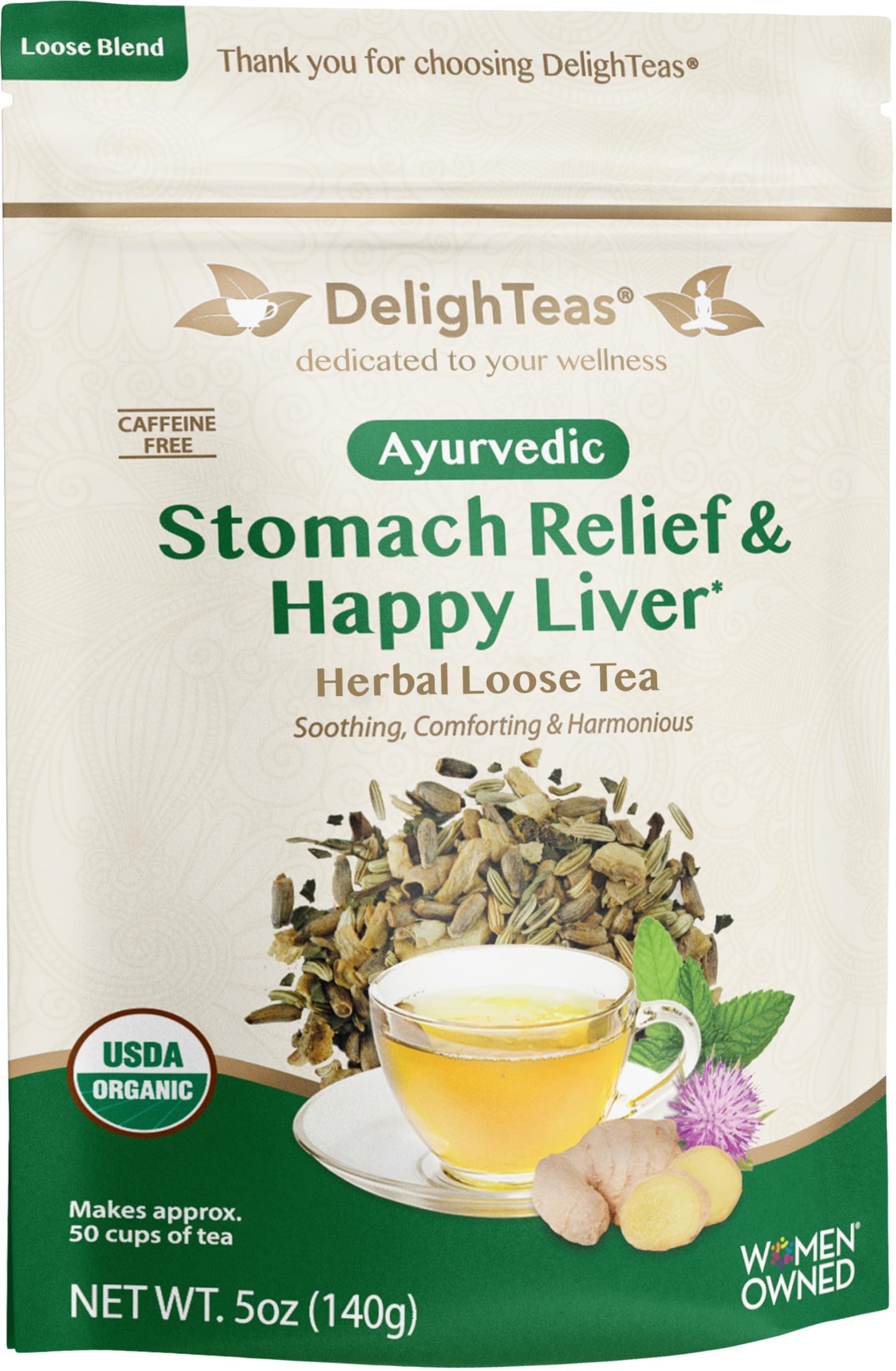 DelighTeas Stomach & Liver Tea - Ayurvedic Herbal Blend, 5oz Loose Leaf, Vegan, Caffeine-Free, Sugar-Free
