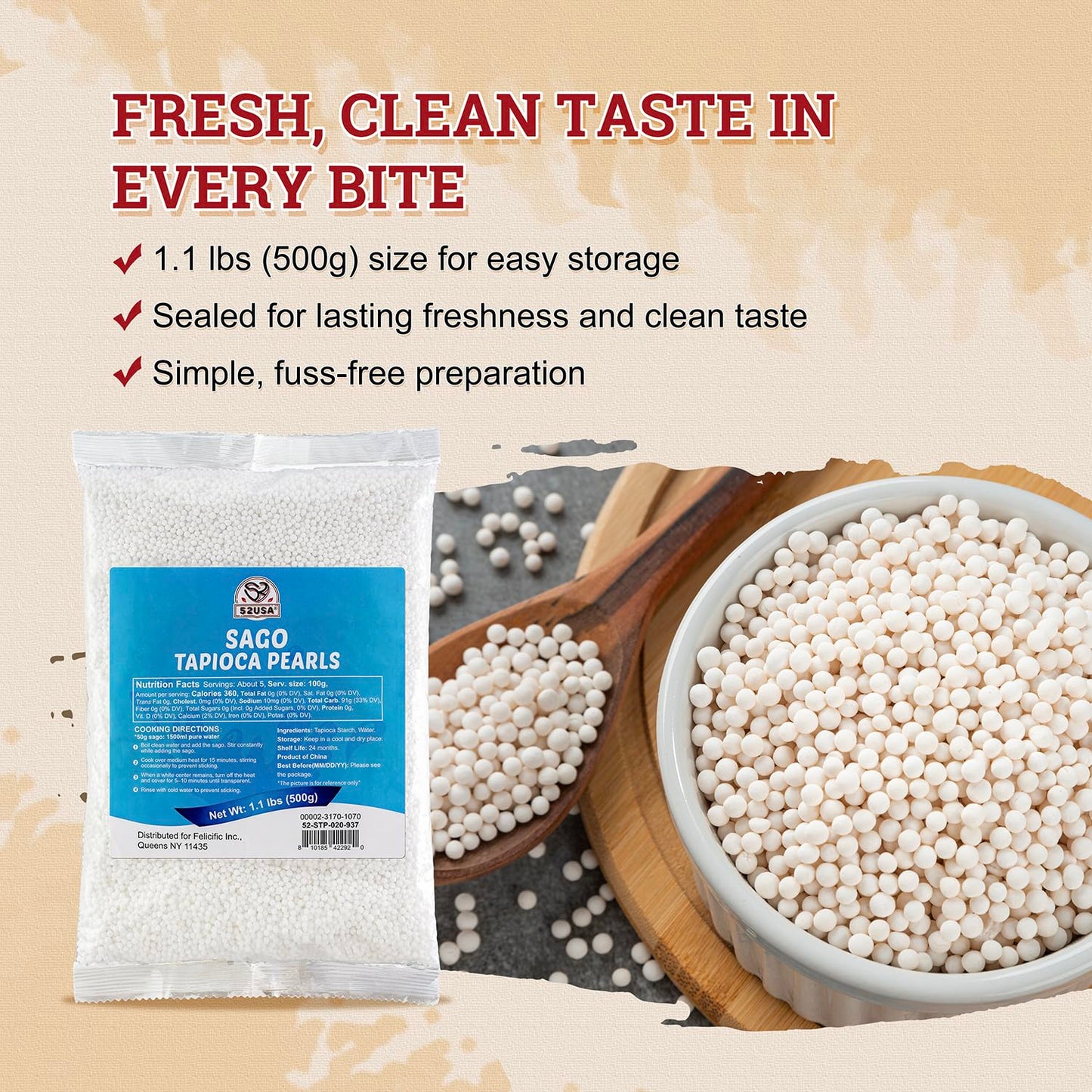 52USA Sago Pearls  Small Tapioca Pearls 1.1 lbs (500g)  White Sago for Desserts and Bubble Milk Tea  All Natural  Vegan  Non-GMO  Gluten-Free