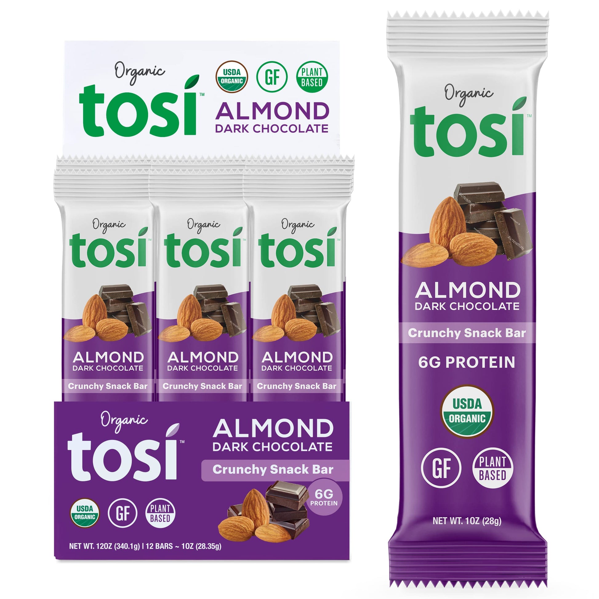 Tosi Dark Chocolate Almond Protein Bars, Plant Based With Nuts, Gluten-Free Crunchy Snacks, Vegan, Organic, Flax & Chia Seeds, S