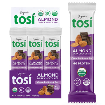 Tosi Dark Chocolate Almond Protein Bars, Plant Based With Nuts, Gluten-Free Crunchy Snacks, Vegan, Organic, Flax & Chia Seeds, S
